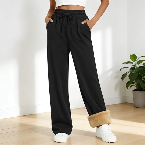 Women's Fleece Lined Sweatpants, Drawstring Waist Lounge Pants, Straight Leg Casual Pants, Soft Winter Pants, Elastic Waist Joggers, Everyday Wear Black S