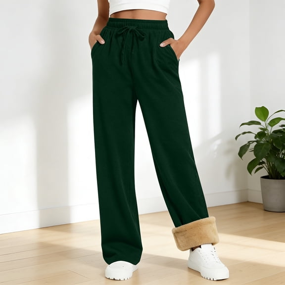 Women's Fleece Lined Sweatpants, Drawstring Waist Lounge Pants, Straight Leg Casual Pants, Soft Winter Pants, Elastic Waist Joggers, Everyday Wear Blackish Green S