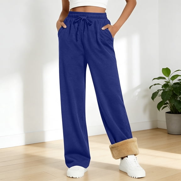 Women's Fleece Lined Sweatpants, Drawstring Waist Lounge Pants, Straight Leg Casual Pants, Soft Winter Pants, Elastic Waist Joggers, Everyday Wear Blue XL
