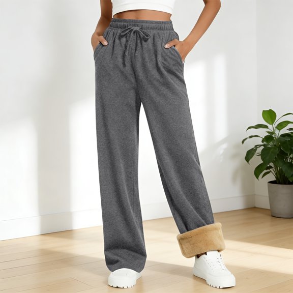 Women's Fleece Lined Sweatpants, Drawstring Waist Lounge Pants, Straight Leg Casual Pants, Soft Winter Pants, Elastic Waist Joggers, Everyday Wear Dark Gray S