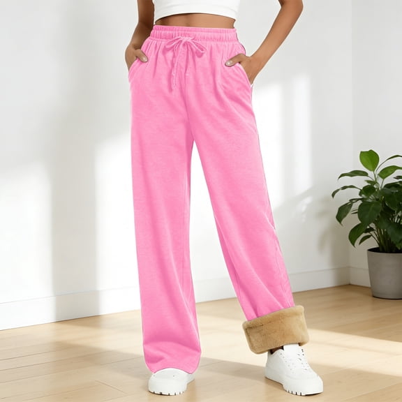 Women's Fleece Lined Sweatpants, Drawstring Waist Lounge Pants, Straight Leg Casual Pants, Soft Winter Pants, Elastic Waist Joggers, Everyday Wear Pink S