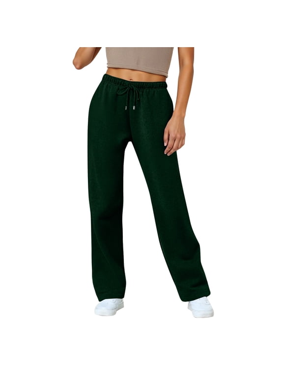Women's Fleece Lined Sweatpants High Waisted Drawstring Cozy Baggy Straight Leg Pants with Pockets Army Green L
