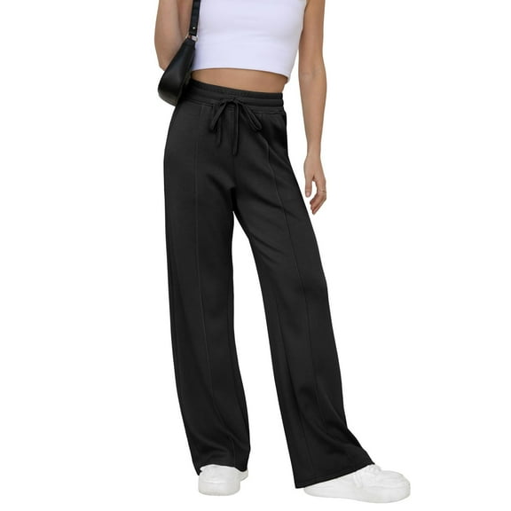 Women's Fleece Lined Sweatpants High Waisted Drawstring Cozy Baggy Straight Leg Pants with Pockets Black M