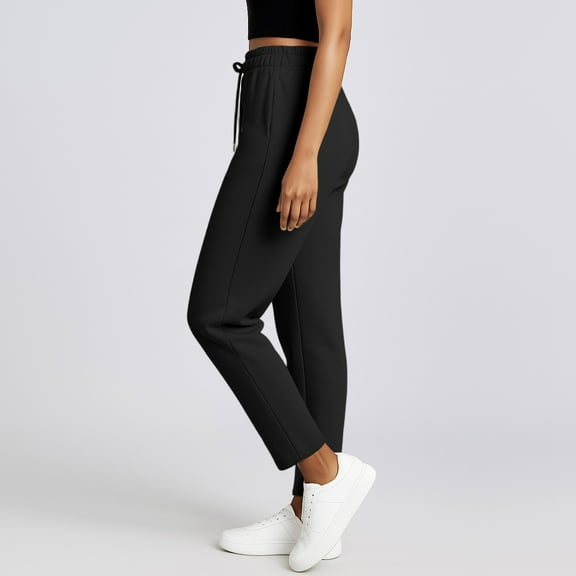 Women's Fleece Lined Sweatpants High Waisted Drawstring Cozy Baggy Straight Leg Pants with Pockets Black S
