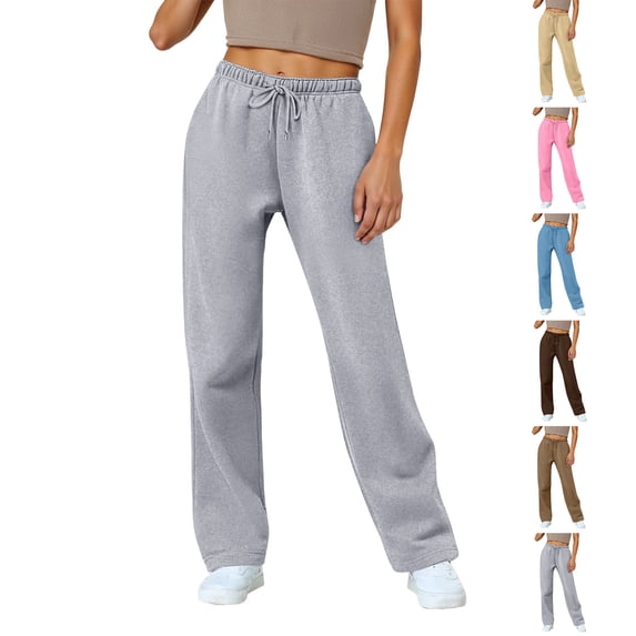 Women's Fleece Lined Sweatpants High Waisted Drawstring Cozy Baggy Straight Leg Pants with Pockets Khaki L