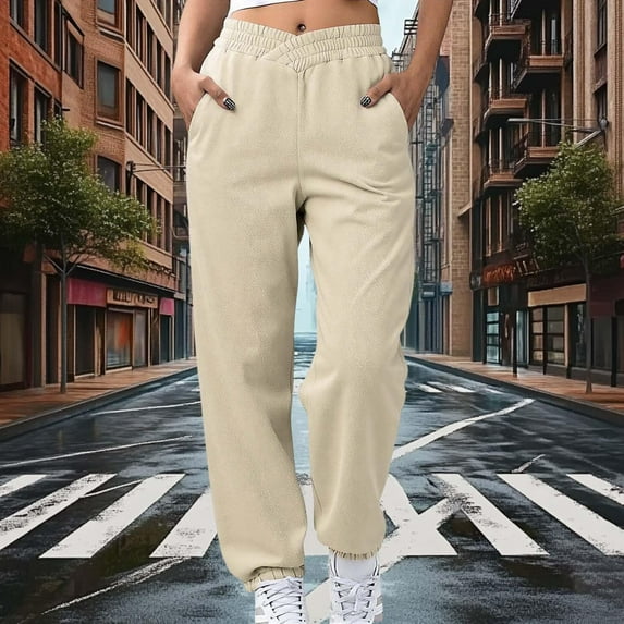 Women's Fleece Lined Sweatpants Loose Joggers With Pockets Cross Elastic Waist, Beige, L