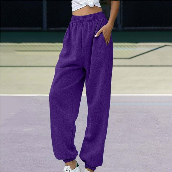 Women's Fleece Lined Sweatpants with Pockets, High Waist Drawstring Joggers for Athletic Workout and Casual Wear, Thermal Warm Pants for Autumn Winter, Plus Size Comfortable Sports Pants Dark Purple