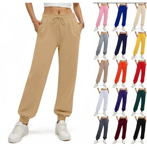 Women's Fleece Lined Sweatpants Thermal Winter High Waisted Sweat Pants Interior Drawstring Baggy Jogger Pants Camel S