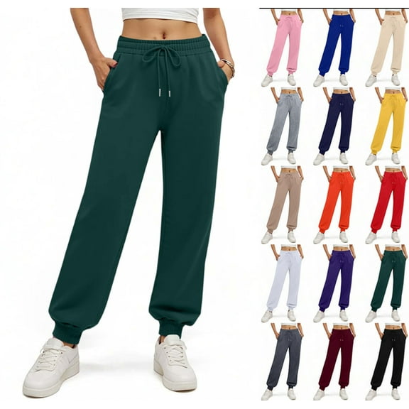 Women's Fleece Lined Sweatpants Thermal Winter High Waisted Sweat Pants Interior Drawstring Baggy Jogger Pants Green L