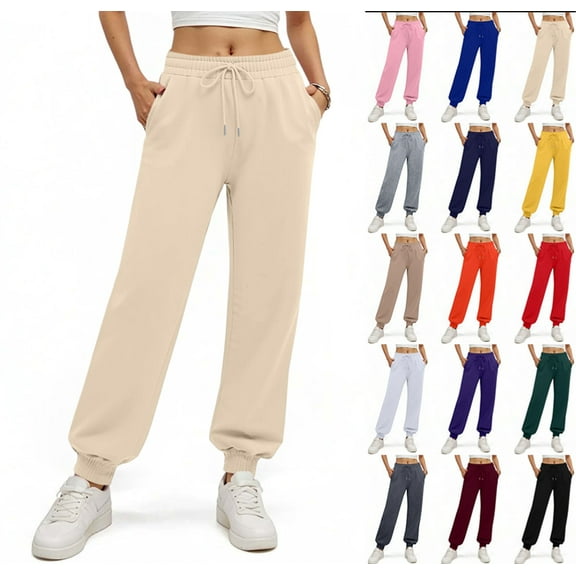 Women's Fleece Lined Sweatpants Thermal Winter High Waisted Sweat Pants Interior Drawstring Baggy Jogger Pants Khaki L