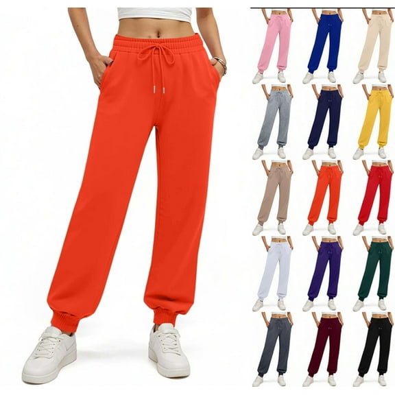 Women's Fleece Lined Sweatpants Thermal Winter High Waisted Sweat Pants Interior Drawstring Baggy Jogger Pants Orange XL