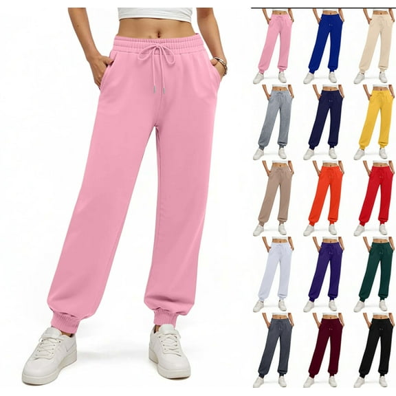 Women's Fleece Lined Sweatpants Thermal Winter High Waisted Sweat Pants Interior Drawstring Baggy Jogger Pants Pink S