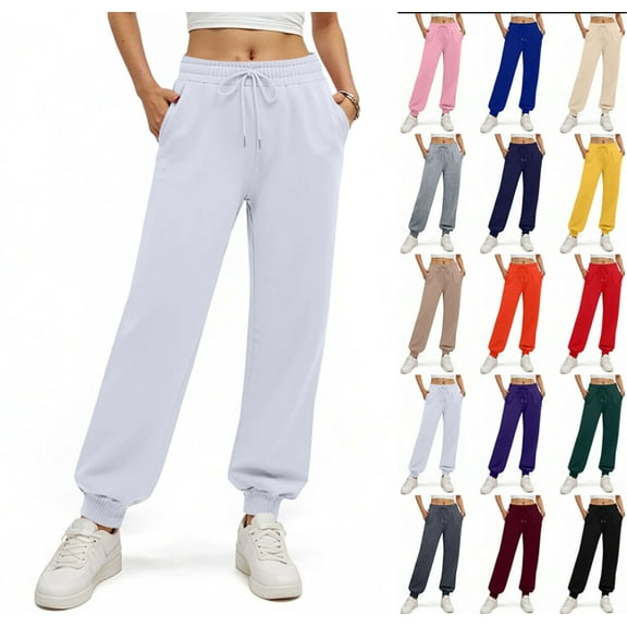 Women's Fleece Lined Sweatpants Thermal Winter High Waisted Sweat Pants Interior Drawstring Baggy Jogger Pants White XL