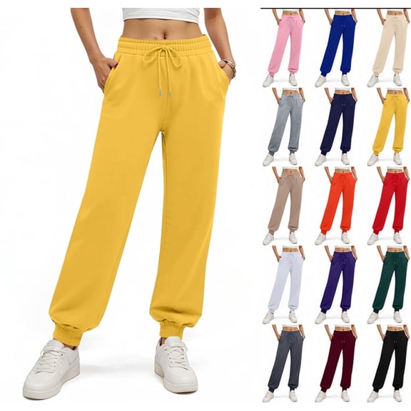 Women's Fleece Lined Sweatpants Thermal Winter High Waisted Sweat Pants Interior Drawstring Baggy Jogger Pants Yellow M