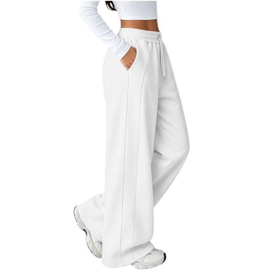Women's Fleece Lined Sweatpants Wide Leg Elastic Waist Trouser Fall Casual Workout Going Out Pants With Drawstring & Pockets