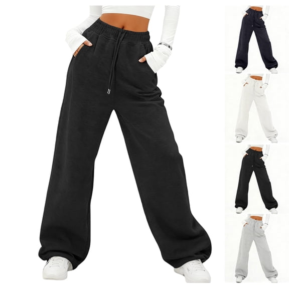 Women's Fleece Lined Sweatpants Winter Warm Wide Leg Sweat Pants Baggy Casual Pants with Pockets,Black S