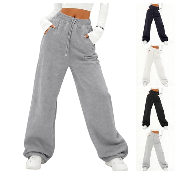 Women's Fleece Lined Sweatpants Winter Warm Wide Leg Sweat Pants Baggy Casual Pants with Pockets,Light Gray L