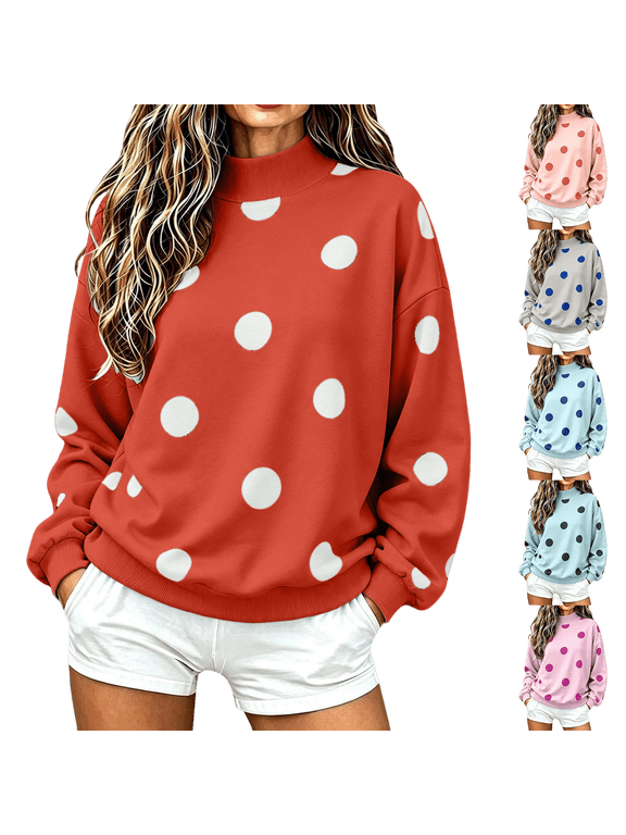Women's Fleece Lined Sweatshirt Mock Neck Polka Dot Sweatshirt Mock Neck Long Sleeve Pullover Relaxed Fit Casual Top for Fall Winter Daily Outings