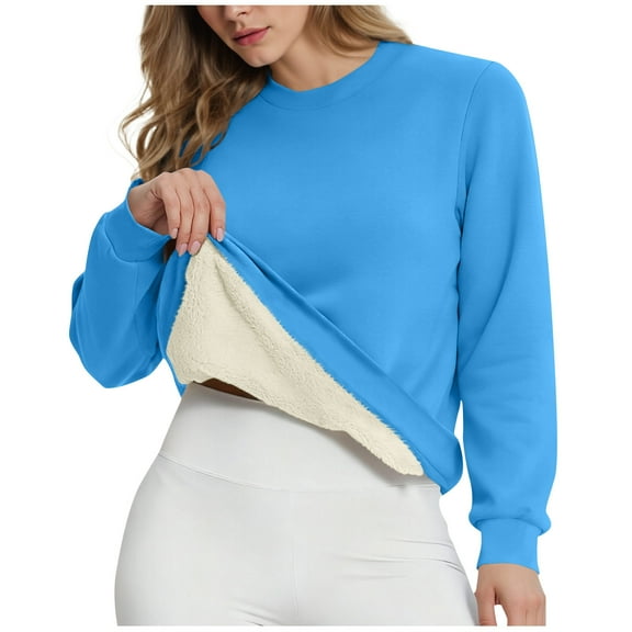 Women's Fleece Lined Sweatshirts Thermal Casual Crewneck Thicken Pullover Winter Warm Blouse Tops Blue XXL