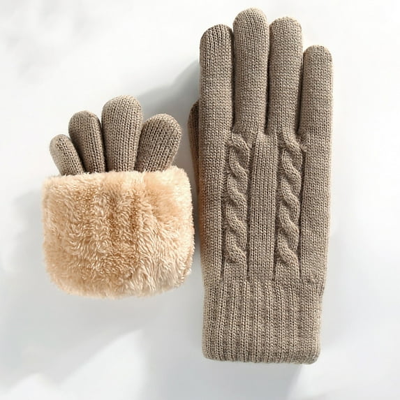 Women's Fleece Lined Thermal Mittens, Winter Knit Gloves with Touchscreen Fingers, Thick Warm Double Layer Cold Weather Gloves, Soft Comfortable Outdoor Skiing and Cycling Accessories for Women Khaki