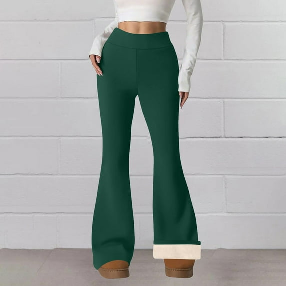 Women's Fleece Lined Thermal Pants, Winter Warm High Waisted Flare Leggings with Pockets, Soft Comfortable Yoga Pants for Lounging and Outdoor Activities Blackish Green