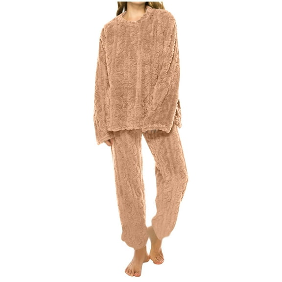 Women's Fleece-Lined Thick Crew Neck Long Pants Pajama Set Camel
