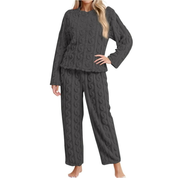 Women's Fleece-Lined Thick Crew Neck Long Pants Pajama Set Dark Gray Size S