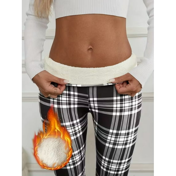 Women's Fleece Lined Thick Leggings - Plaid Stripe Yoga Athletic Warm Tights for Workout, Casual & Cold Weather