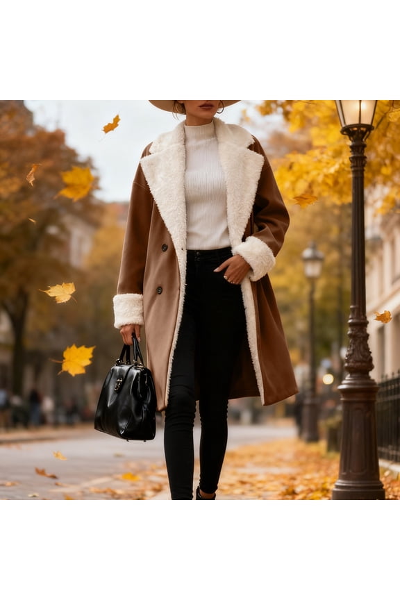Women's Fleece Lined Trench Coat, Mid-Length Casual Windbreaker, Soft Plush Inner Layer Jacket, Elegant Outerwear, Comfortable Daily Wear Coat Brown XXXL