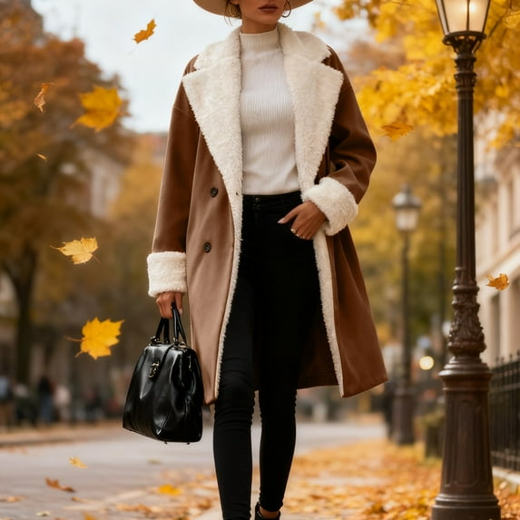 Women's Fleece Lined Trench Coat, Mid-Length Casual Windbreaker, Soft Plush Inner Layer Jacket, Elegant Outerwear, Comfortable Daily Wear Coat Brown XXXXL