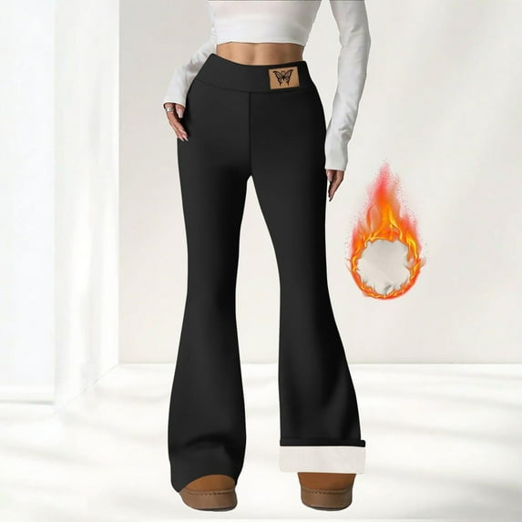 Women's Fleece Lined Trousers Full Length Solid Color High Waisted Flare Pants Black L