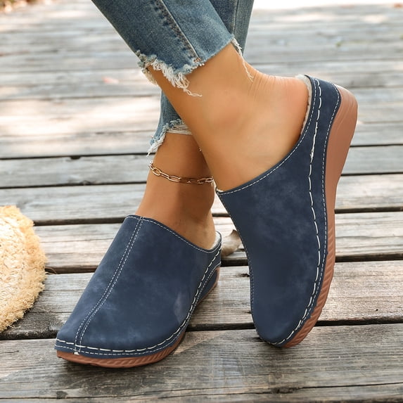 Women's Fleece Lined Wedge Mules Retro Suede Closed Toe Slip On Comfortable Non Slip Outdoor Slippers with Arch Support