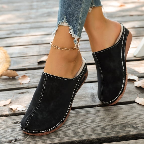 Women's Fleece Lined Wedge Mules Retro Suede Closed Toe Slip On Comfortable Non Slip Outdoor Slippers with Arch Support