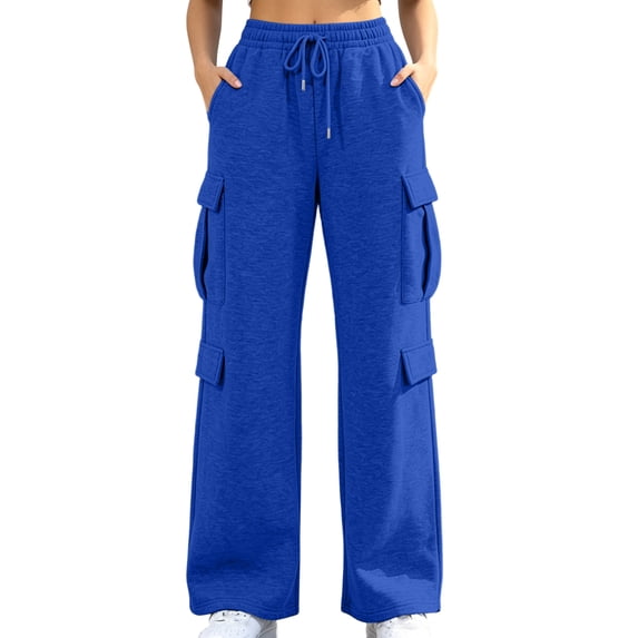 Women's Fleece Lined Wide Leg Cargo Sweatpants, Ghalytn Elastic Drawstring Warm Multi-Pocket Streetwear Pants