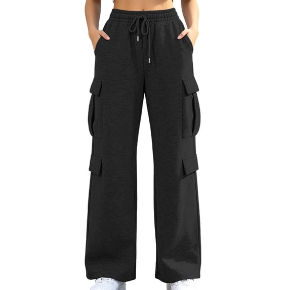 Women's Fleece Lined Wide Leg Cargo Sweatpants, Ghalytn Elastic Drawstring Warm Multi-Pocket Streetwear Pants