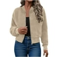 thumbnail image 1 of Women's Fleece Lined Winter Coat Cropped Long Sleeve Crewneck Zip Up Jacket Beige L, 1 of 7