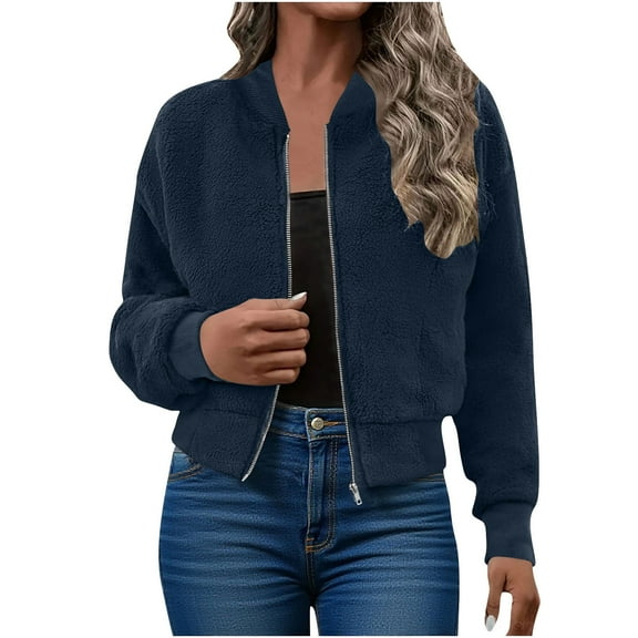 Women's Fleece Lined Winter Coat Cropped Long Sleeve Crewneck Zip Up Jacket Navy 2XL
