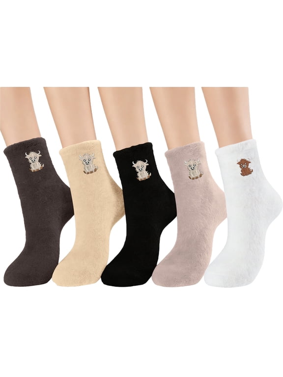 Women's Fleece Lined Winter Socks Thick Warm Mid Calf Cute Animal Embroidered Cozy Thermal Floor Socks for Cold Weather, 5 Pairs Set
