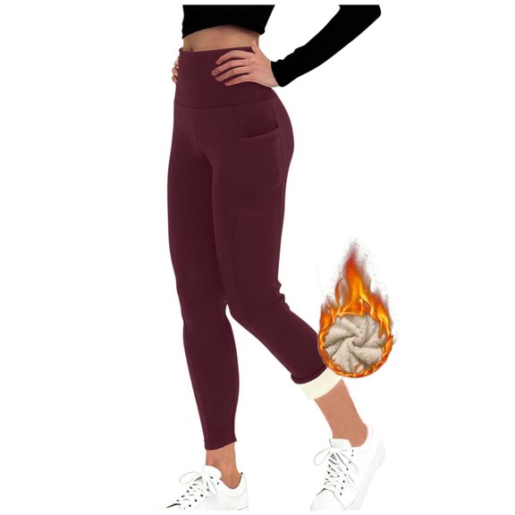 Women's Fleece Lined Yoga Leggings Slim Elastic High Waist Solid Workout Pants with Pocket Wine S
