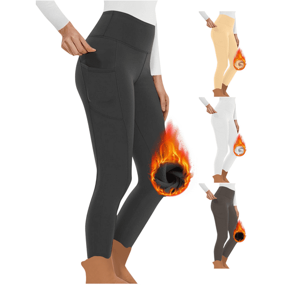 Women's Fleece Lined Yoga Pants High Waist Thermal Winter Tights Solid Color Tummy Control Leggings with Pockets