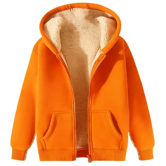 Women's Fleece Lined Zip Up Jacket, Solid Color Winter Warm Coat with Front Pockets, Soft Casual Long Sleeve Outerwear for Cold Weather Protection and Daily Comfort Wear Orange M
