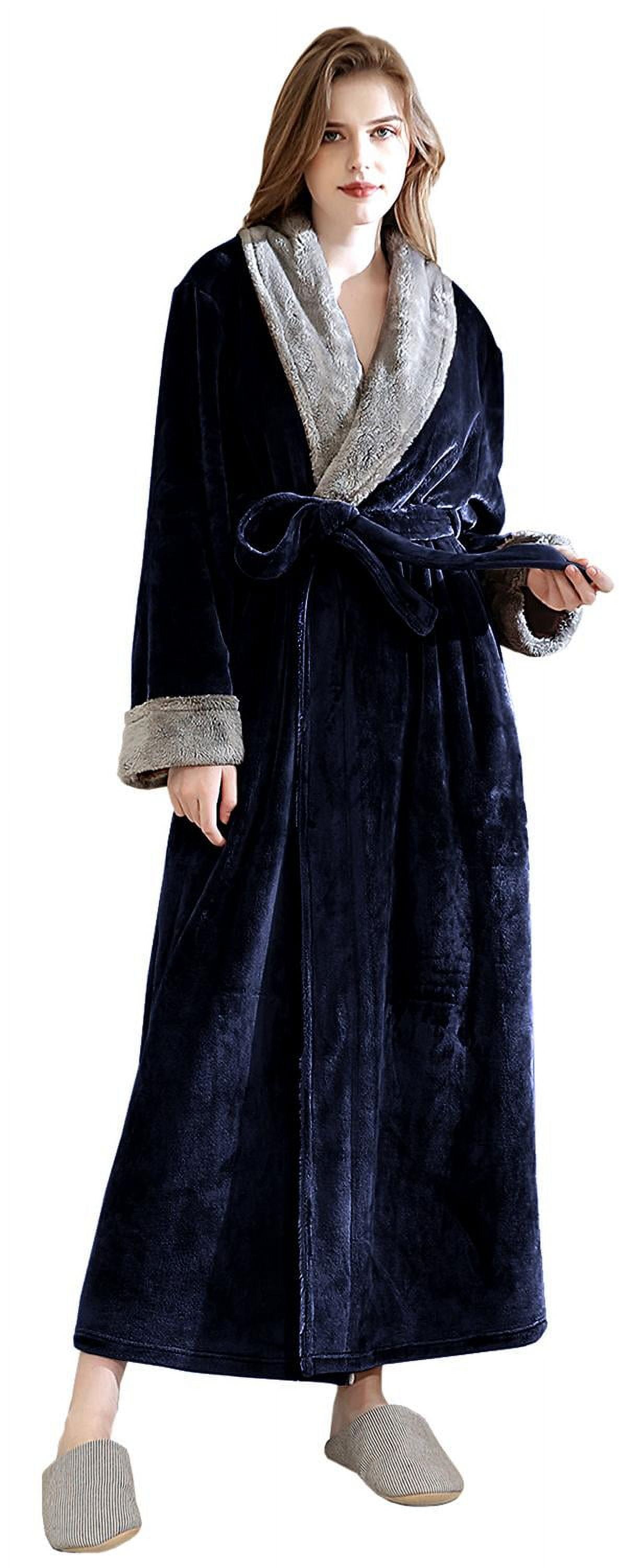 Women's Fleece Long Robe Warm Flannel Sherpa Trim Plush Bathrobe with