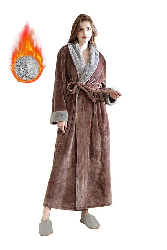 Women's Fleece Long Robe Warm Flannel Sherpa Trim Plush Bathrobe with Belt Pockets, L & Coffee