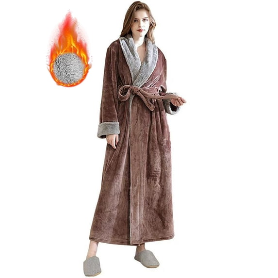 Women's Fleece Long Robe Warm Flannel Sherpa Trim Plush Bathrobe with Belt Pockets, L & Coffee