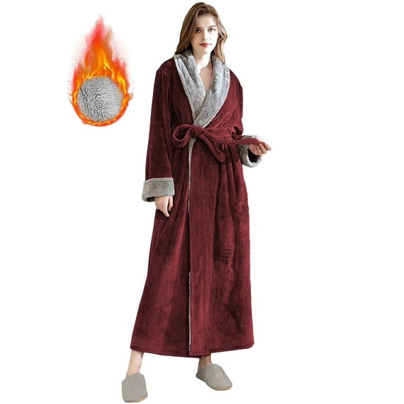 Women's Fleece Long Robe Warm Flannel Sherpa Trim Plush Bathrobe with Belt Pockets, L & Wine Red