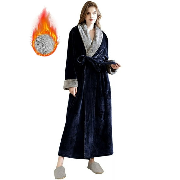 Women's Fleece Long Robe Warm Flannel Sherpa Trim Plush Bathrobe with Belt Pockets, M & Blue