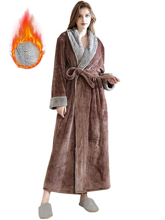 Women's Fleece Long Robe Warm Flannel Sherpa Trim Plush Bathrobe with Belt Pockets, M & Coffee