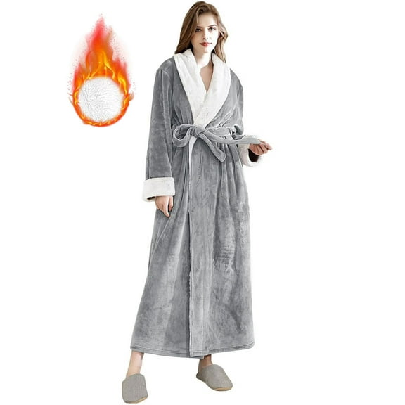 Women's Fleece Long Robe Warm Flannel Sherpa Trim Plush Bathrobe with Belt Pockets, M & Light Gray