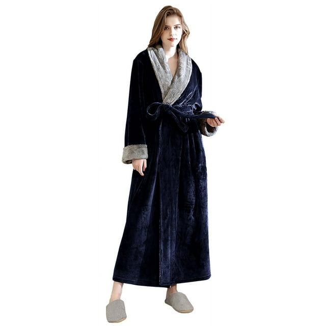 Women's Fleece Long Robe Warm Flannel Sherpa Trim Plush Bathrobe with Belt Pockets, XL & Blue