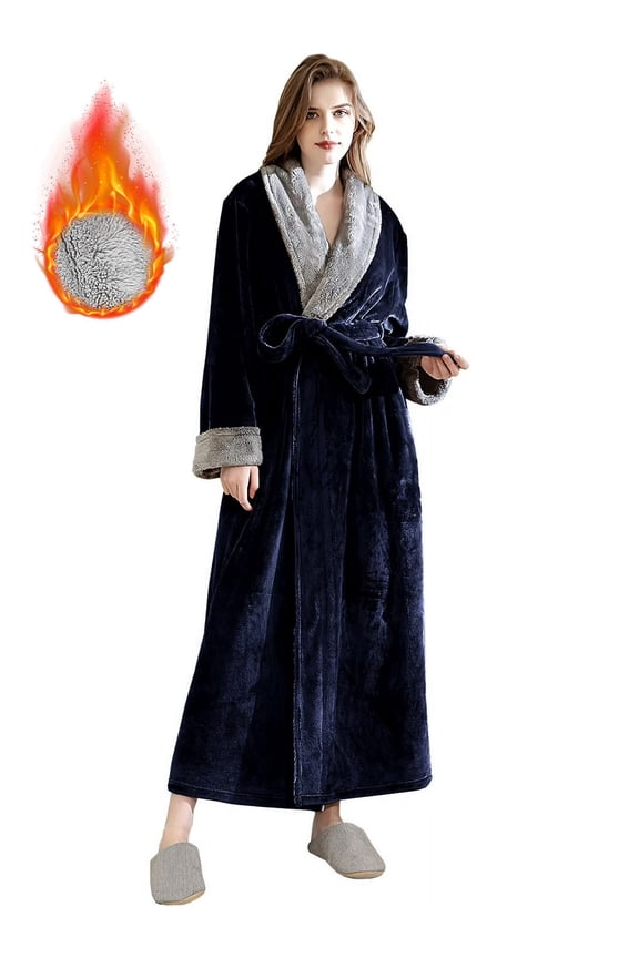 Women's Fleece Long Robe Warm Flannel Sherpa Trim Plush Bathrobe with Belt Pockets, XL & Blue